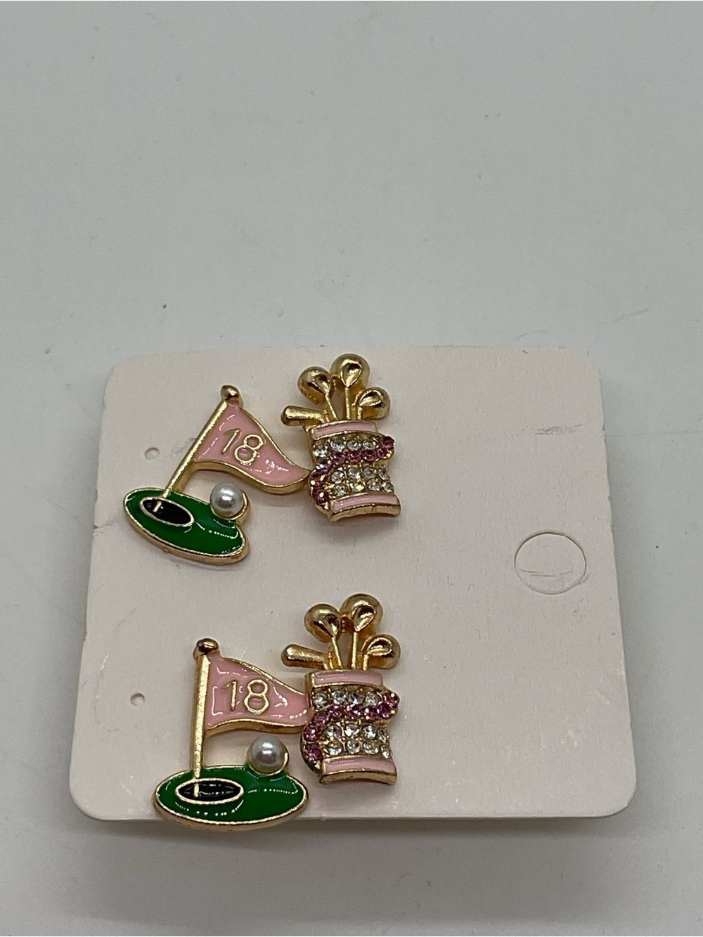 Golf-Themed Pink & Green Stud Earrings - 18 Hole and Golf Bag